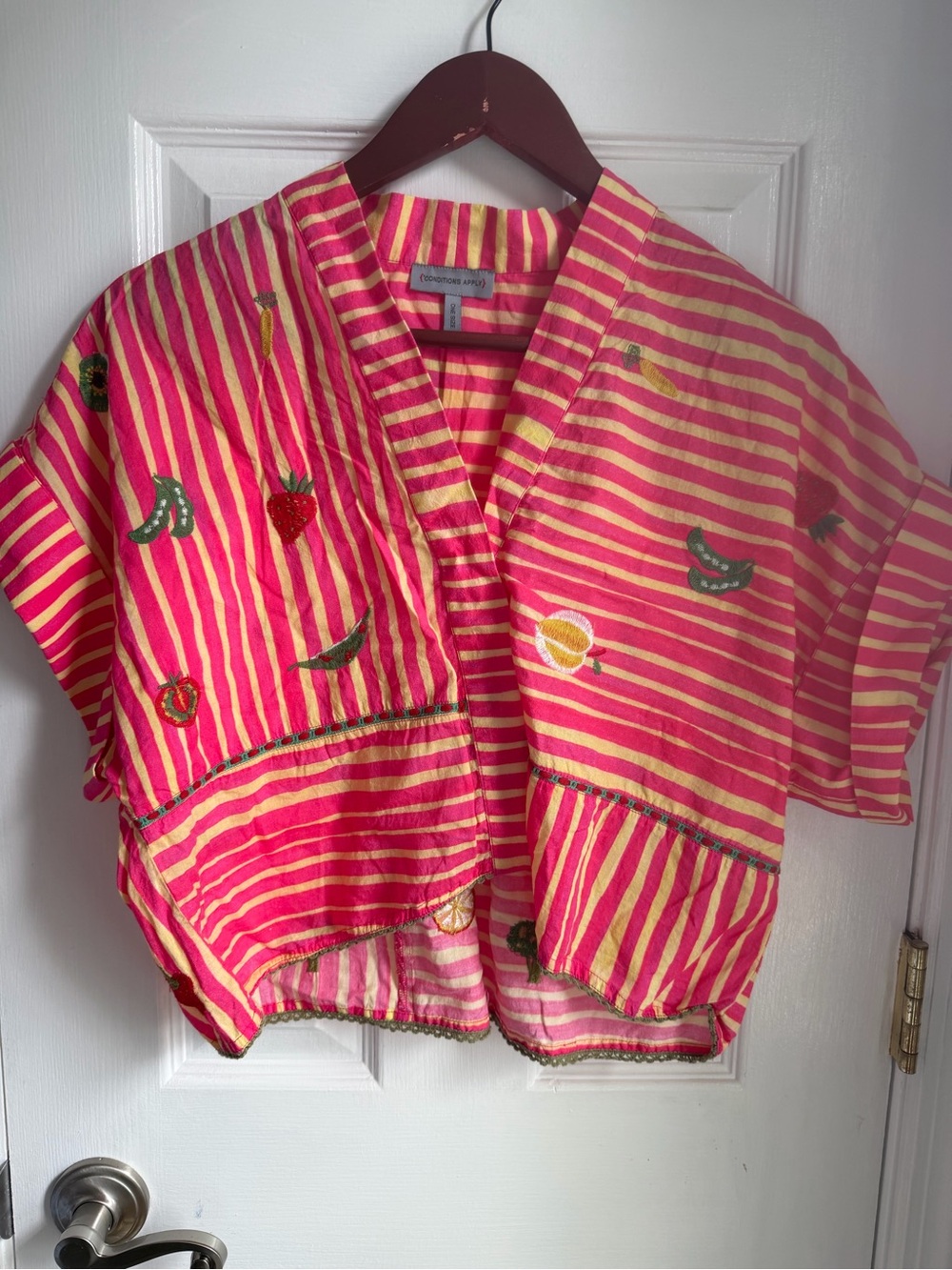 Conditions Apply Pink Stripe Embroidered Crop Kimono Top Anthropologie